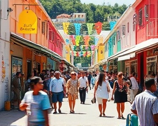 vibrant ashaba destination, captivating, bustling with tourists, photorealistic, amidst a picturesque coastal town with colorful buildings, highly detailed, busy streets and markets in motion, high dynamic range, vivid pastels, midday sunlight, shot with a 70-200mm lens.