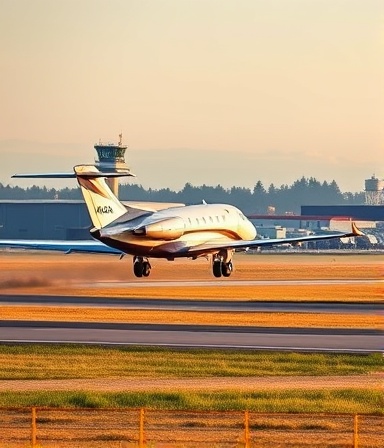 sleek Ashaba Aviation aircraft, modern and powerful, taking off from runway, photorealistic, airfield with control tower and hangars in the background, highly detailed, kinetic energy, 85mm lens, white and red scheme, afternoon sunlight, shot with a telephoto lens