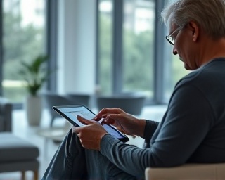 streamlined ashaba booking, intuitive, customer exploring options on a tablet, photorealistic, within a modern living room with large windows, highly detailed, digital interface glowing softly, pin-sharp clarity, cool grays and blues, natural indoor lighting, shot with a 85mm lens.
