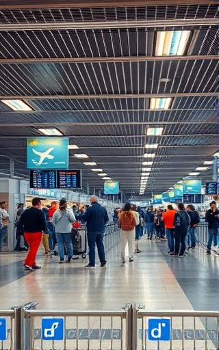 organized Ashaba Boarding area, calm and efficient, passengers lining up, photorealistic, boarding gate with digital displays showing flight information, highly detailed, line movement, 28mm lens, cool metallic blues, bright overhead lights, shot with a wide-angle lens