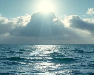 dynamic ashaba flight, ascending, breaking through misty clouds, photorealistic, over a tranquil ocean with waves, highly detailed, sunrays scattering across the water, ultra high-resolution, azure and white, dramatic morning light, shot with a 14mm lens.