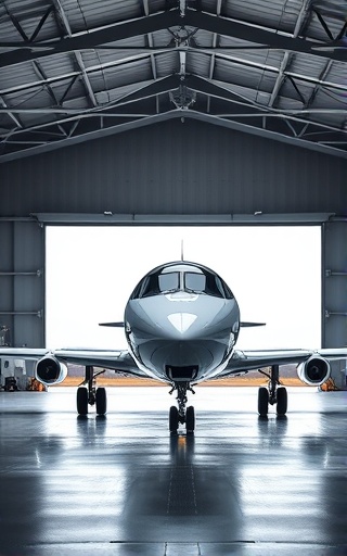 pioneering Ashaba innovation, futuristic and sleek, unveiling new aircraft, photorealistic, a hangar with an open door leading to a runway, highly detailed, media presence, 70mm lens, crisp whites and blacks, focused spotlight, shot with a portrait lens