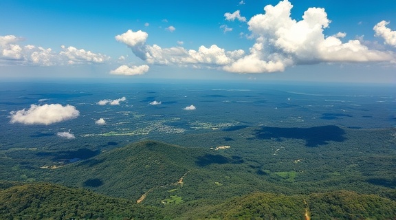 expansive Uganda aerial, captivating, hovering, photorealistic, overlooking diverse terrain with forests and lakes, highly detailed, clouds drifting in the sky, dynamic perspective, rich greens and blues, sunlit brightness, shot with a drone camera