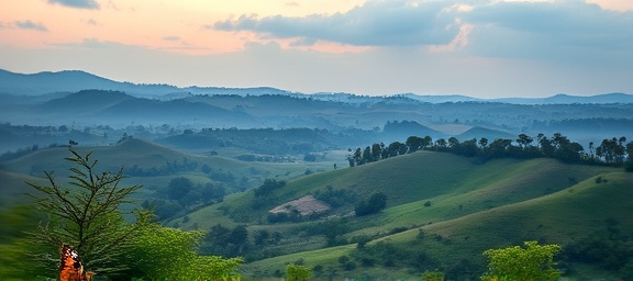 idyllic Uganda scenery, enchanting, spanning, photorealistic, idyllic valleys and rolling hills dotted with acacia trees, highly detailed, butterflies fluttering about, smooth focus transition, pastel hues, twilight lighting, shot with a macro lens