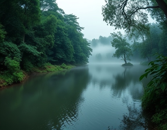 tranquil scenic Uganda, peaceful, meandering, photorealistic, through dense forests and serene lakes, highly detailed, mist rising from the water, subtle motion, cool blues and greens, misty lighting, shot with a fisheye lens