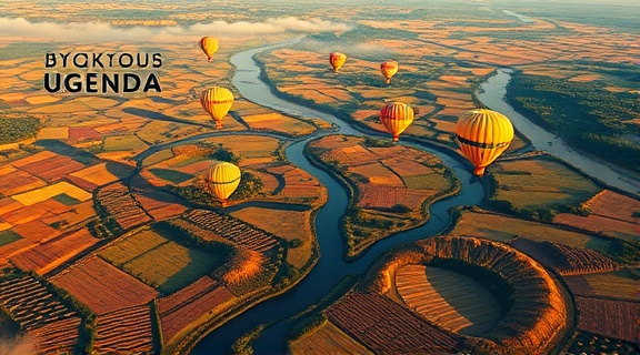 glorious flights Uganda, exhilarating, flying, photorealistic, over intricate landscape patterns of plantations and rivers, highly detailed, hot air balloons drifting nearby, vivid contrast, natural earth tones, midday lighting, shot with a standard lens