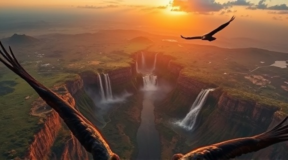 grand Uganda aerial, inspiring, observing, photorealistic, expansive view of rift valleys and waterfalls, highly detailed, eagles soaring upwards, dramatic composition, deep and vivid colors, sunrise lighting, shot with a long-range zoom lens