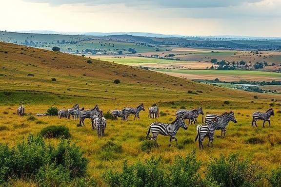 vibrant Uganda landscape, lively, extending, photorealistic, richly diverse flora and fauna across rolling fields, highly detailed, zebras grazing in the distance, vibrant saturation, mixed greens and golds, soft highlight lighting, shot with a prime lens