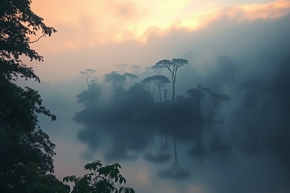 ethereal scenic Uganda, mystical, drifting, photorealistic, mystic lakes surrounded by dense foliage, highly detailed, fog enveloping the shores, surreal ambiance, cool pastels, dawn lighting, shot with a tilt-shift lens