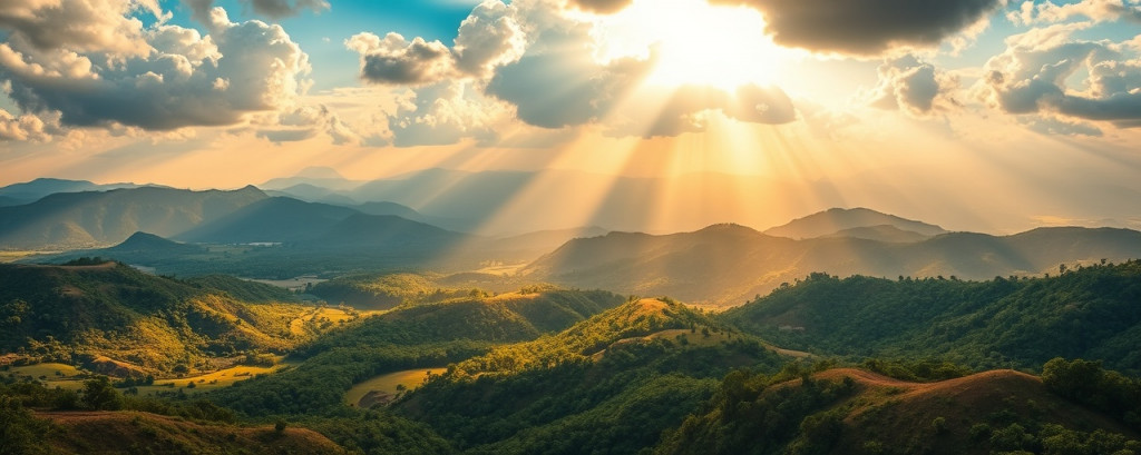 radiant Uganda landscape, bright, unfurling, photorealistic, vibrant tapestry of terrains from mountains to valleys, highly detailed, sunbeams breaking through clouds, harmonious blend, rich warm colors, ambient dawn lighting, shot with a panoramic lens