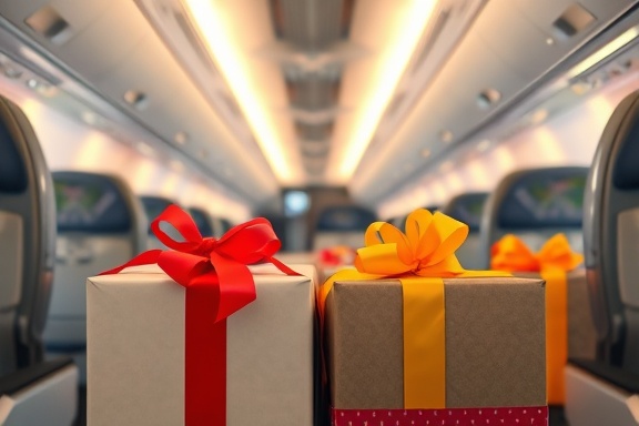 wrapped gifts with bright bows, anticipation, being presented on an airplane to Uganda, photorealistic, spacious airplane cabin set for a celebration, highly detailed, ribbons lightly fluttering, close-up shot, bright colors, warm interior lighting, shot with a 50mm standard lens.