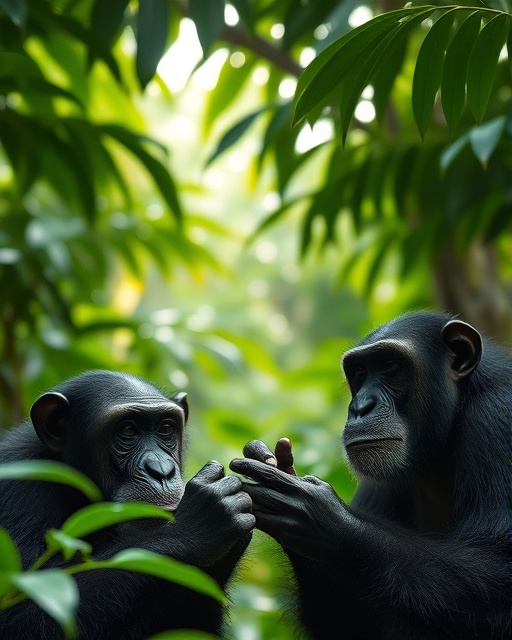 serene jungle scene, peaceful expression, chimpanzees playing, photorealistic, lush green rainforest canopy with sunlight filtering through leaves, highly detailed, dynamic play of light and shadow, high resolution with macro focus, deep greens and brown, soft ambient lighting, shot with a 100mm macro lens.