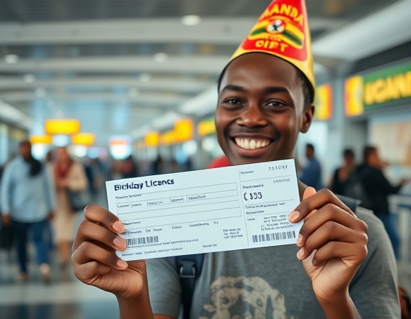 smiling person with party hat, gratitude, receiving a flight ticket as a birthday gift, photorealistic, bustling airport lounge with Uganda-themed decor, highly detailed, paper ticket being held up, sharp focus, natural colors, indoor ambient lighting, shot with a 35mm prime lens.