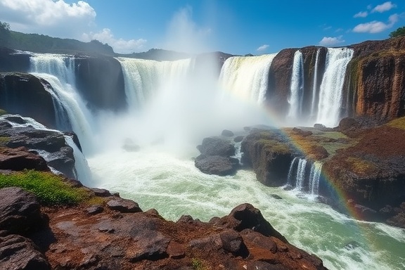 picturesque Murchison Falls, awe-inspired, cascading water flow, photorealistic, rocky gorge and mist-filled air, highly detailed, rainbow appearing in the mist, wide dynamic range, bright blues and whites contrasted with rocky greys, midday sunlight, shot with a 24mm wide-angle lens.