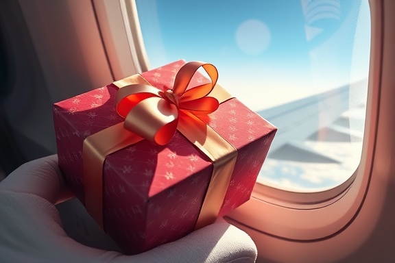large gift box with bow, mystery, being unwrapped mid-flight, photorealistic, clear sky view through airplane window, highly detailed, airplane trembling slightly, macro shot, assorted colors, direct sunlight spilling in, shot with a 85mm lens.
