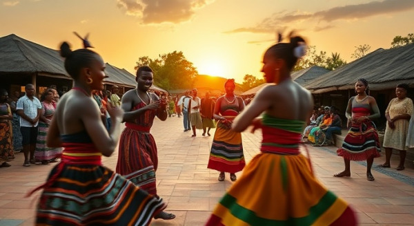 vibrant traditional Ugandan dancers, joyful expression, performing cultural dance, photorealistic, open plaza with onlookers and huts, highly detailed, motion blur capturing the dance, rich textures, colorful traditional costumes, warm glow of sunset lighting, shot with a 50mm prime lens.