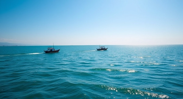 expansive Lake Victoria view, tranquil, fishing boats gently swaying, photorealistic, vast water body meeting horizon under clear sky, highly detailed, small waves rippling, excellent clarity and perspective, azure water hues with reflective sunlight, clear afternoon lighting, shot with a 70-200mm zoom lens.
