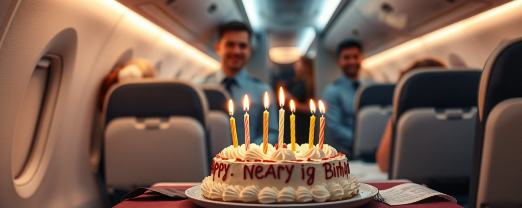 birthday cake with lit candles, festive mood, served on an airplane bound for Uganda, photorealistic, celebratory setup inside aircraft cabin with flight crew, highly detailed, candles flickering gently, high definition, pastel colors, cozy interior lighting, shot with a 50mm macro lens.