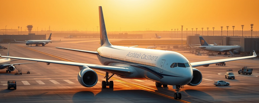 modern ashaba airline, futuristic, taxiing on the runway, photorealistic, surrounded by bustling airport scenery with other aircraft and service vehicles, highly detailed, reflections on the fuselage, 8k resolution, deep blue and white, golden hour lighting, shot with a 24-70mm zoom lens.