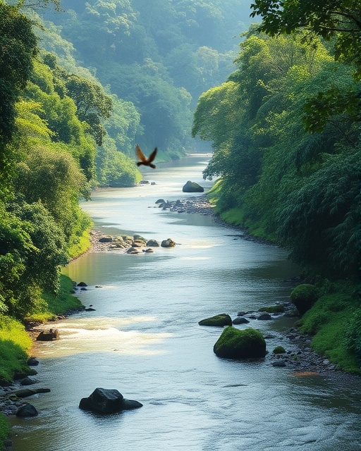 pristine Ugandan nature, tranquil, flowing gently, photorealistic, dense rainforests with a sparkling river meandering through, highly detailed, birds fluttering by, 4k clarity, verdant, soft diffused lighting, shot with a 35mm standard lens.