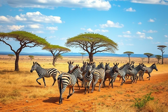 exotic Ugandan wildlife, captivating, roaming gracefully, photorealistic, open savannah with acacia trees under the vast sky, highly detailed, herd of zebras galloping, HDR processing, earthy, bright mid-morning lighting, shot with a 70-200mm telephoto lens.
