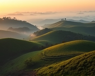 serene Ugandan hills, soothing, stretching out, photorealistic, rolling hills covered in a patchwork quilt of greenery, highly detailed, mist rising in the early morning, ultra high definition, pastel, cool dawn lighting, shot with a 50mm prime lens.