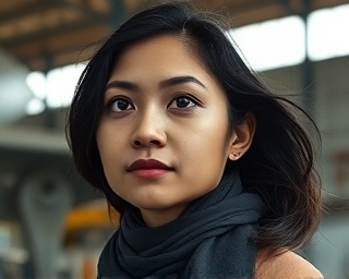 intrepid Faridah portrait, focused expression, gazing into the distance, photorealistic, aircraft hangar with tools and equipment, highly detailed, slight motion blur from her moving hair, bokeh effects, muted tones, natural light filtering through windows, shot with a 100mm macro lens.