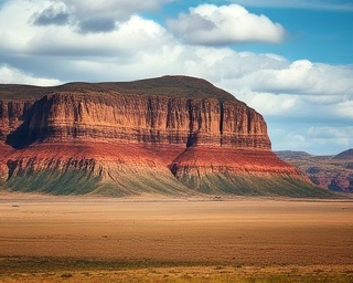 rugged Ugandan terrain, commanding, towering over, photorealistic, rocky cliffs rising above a vast plain, highly detailed, clouds casting moving shadows, 8k resolution, earthy tones, direct midday lighting, shot with a 24-70mm zoom lens.