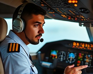 commanding Faridah aviation, attentive expression, reviewing flight plans, photorealistic, cockpit interior with blinking electronic displays, highly detailed, slight reflections on the glass dashboard, sharp focus, warm colors, overhead lighting, shot with a 35mm lens.