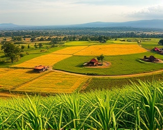 vibrant Ugandan landscape, invigorating, sprawling outward, photorealistic, fertile farmlands and traditional huts dotting the scene, highly detailed, swaying crops in the breeze, high-resolution detail, lively, late afternoon lighting, shot with a 16-35mm ultra-wide lens.