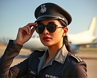 poised Faridah uniform, composed expression, adjusting aviator sunglasses, photorealistic, on the tarmac with another plane in the background, highly detailed, shadows cast dramatically, vivid colors, under midday sunlight, shot with a 24-70mm zoom lens.