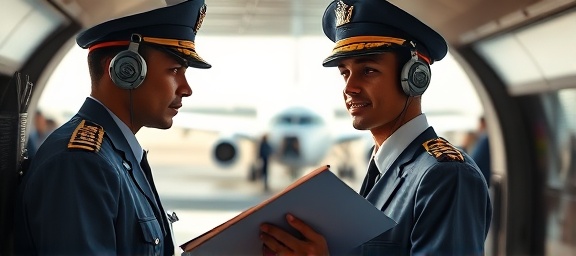 dynamic Captain pilot Faridah, inspiring expression, checking pre-flight checklist, photorealistic, inside the passenger boarding bridge leading to aircraft, highly detailed, bustling environment with people walking past, enhanced saturation, soft ambient light, shot with a 50mm prime lens.