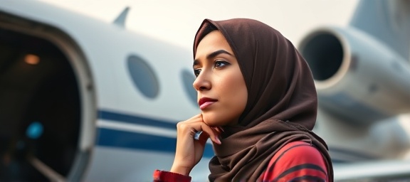 resolute Faridah portrait, contemplative expression, resting her hand on the jet's fuselage, photorealistic, airplane hangar with open door revealing blue sky, highly detailed, crisp shadow details, pastel colors, diffused lighting, shot with a 200mm lens.