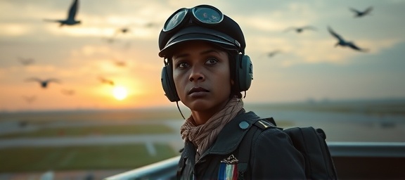 strategic Captain pilot Faridah, serious expression, observing weather conditions, photorealistic, on top of control tower overlooking runway, highly detailed, birds in formation overhead, rich earthy tones, dusk light with fading sun, shot with a 70-200mm telephoto lens.