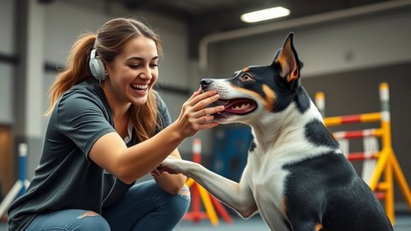 Woman and dog communicating in an agility setting, showcasing how to communicate with your dog.