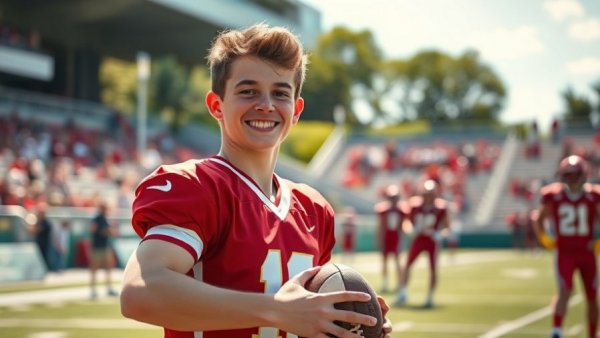 Young athlete in flag football gear at sports field, Flag Football Olympics 2028.