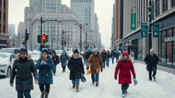 Urban winter street in the US during storm causing power outages.