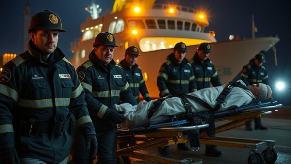 Emergency personnel respond to Philippines ferry capsizing with stretchers.