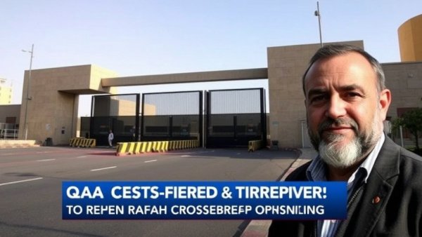 Rafah crossing reopening featured in news image with gate and man's portrait.
