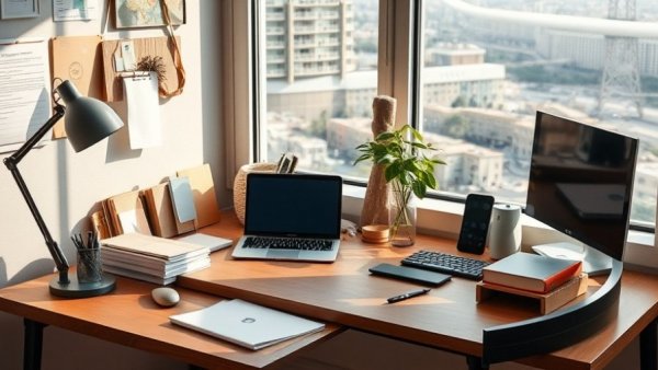 Organized desk with stationery and gadgets enhancing productivity.