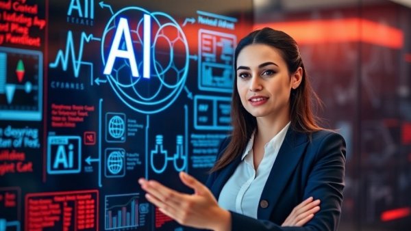 AI Agents vs. LLMs discussion by young professional woman in front of digital board.