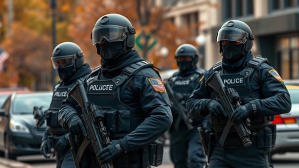 Heavily equipped officers guard during Minneapolis protests over immigration chief reassignment.