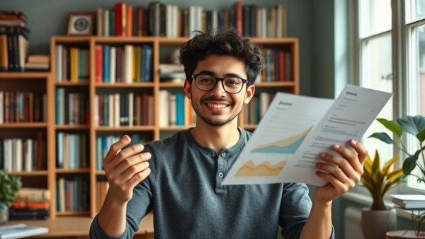 Young individual showcasing charts in a home office, highlighting One-Minute Habits for Productivity.