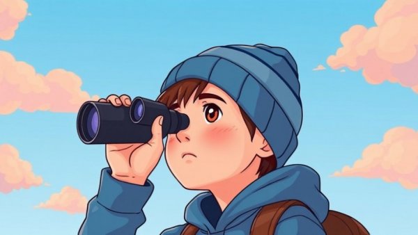 Cartoon of young person with binoculars exploring trends, K–12 Edtech.