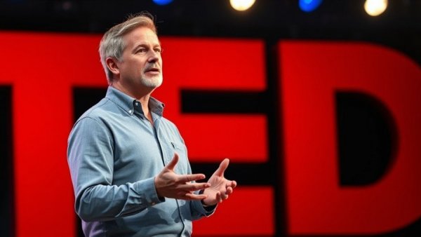 Middle-aged man presenting on stage, TED letters visible, real-world problem solving in education context.