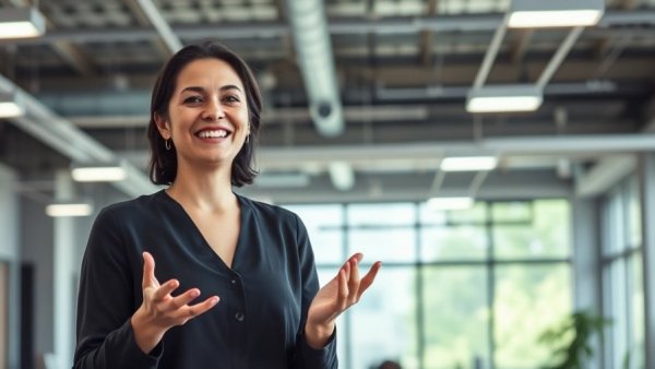 Person discussing AI features for video creation in modern office.