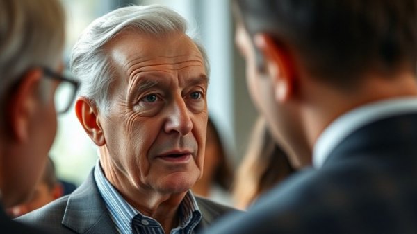 Distinguished man in blue suit and red tie engaged in conversation.