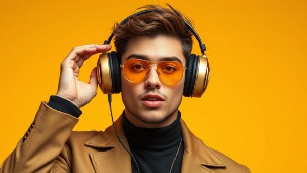 Stylish young man with gold headphones, vibrant fashion shoot.