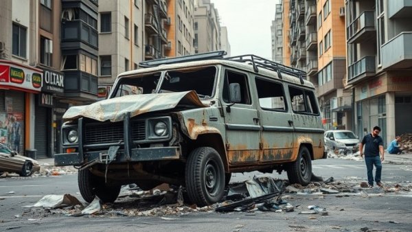 Displacement crisis in Southern Lebanon, damaged vehicle after attack.