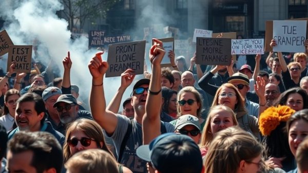 Anti-ICE Protests, demonstrators shouting in smoky atmosphere.